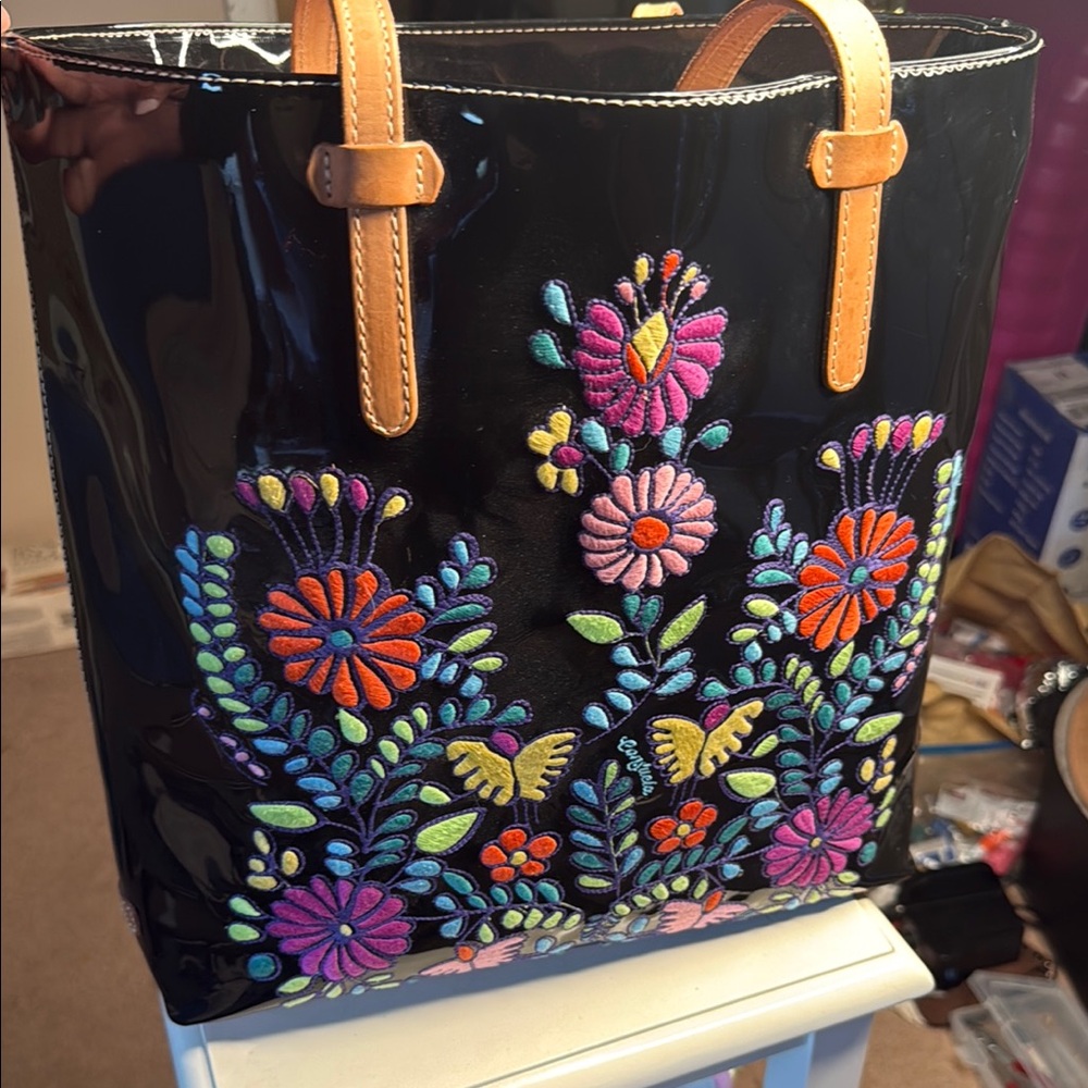 Embroidered Floral Black Tote Bag